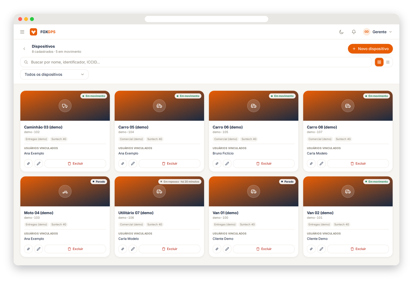 Tela de dispositivos do gerente no FoxGPS web: oito veículos fictícios (vans, carros, moto, caminhão e utilitário) em cartões, com grupo, modelo do rastreador e usuários vinculados