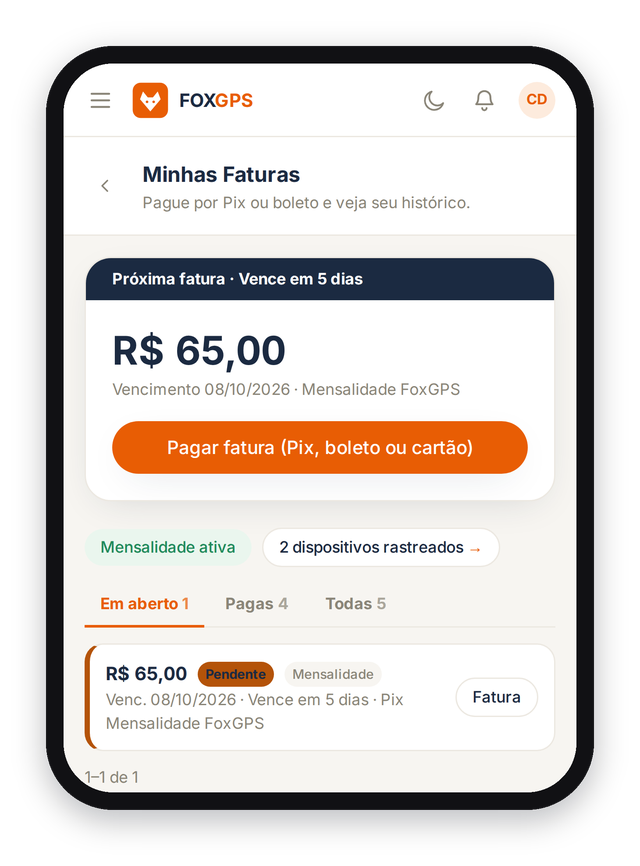 Minhas Faturas no app do cliente final: próxima fatura de R$ 65,00 com botão para pagar por Pix, boleto ou cartão, e a lista de faturas em aberto